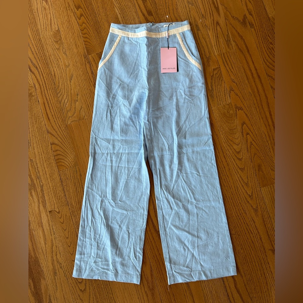 NWT Avec Les Filles blue cream colorblock linen blend pants high rise sz XS